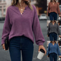Women's Casual Loose-Fit Fashion Solid-Color Long-Sleeve V-Neck Pullover Top