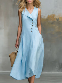 Solid-color Lapel-buttoned Sleeveless Womens Dress With A Fitted Hem