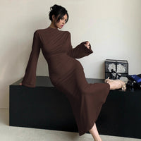 Figure-flattering, Elegant All-match Flared-sleeve Mock-neck Sheath Maxi Dress