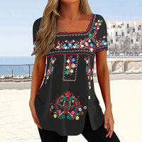 Printed Button-Front Slit Short-Sleeve Top T-Shirt Womens
