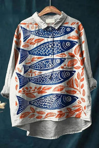 Women's Retro Fish Art Print Lapel Long Sleeve Shirt