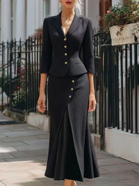 Three-quarter-sleeve Blazer And Long Skirt Set With Buttons And A Slit Mid-length Skirt