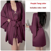Plus Chest Pad Slim Fit Slip Nightdress Belt Outerwear Gown
