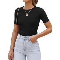 Top Hot Girl Autumn Short Sleeve Slim Round Neck Rib Milk Silk T-shirt For Women