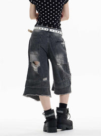 Ripped Denim Cropped Pants Women's Double Waist Loose Shorts