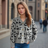 Women's Leopard Print Short Sweater V-neck Casual Knitted Cardigan Top