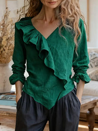 Womens Solid-Color V-Neck Casual Top With Ruffle Long Sleeves
