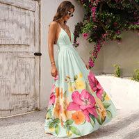Bohemian Slip Dress With Deep V Neck And Positional Print