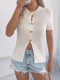 WomenS  Solid Color Hollow Out Button Short Sleeve Knit Top