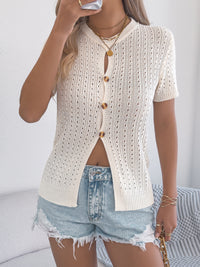 WomenS  Solid Color Hollow Out Button Short Sleeve Knit Top