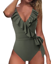 One-Piece Lotus Leaf Swing Bow Knot Strap Swimsuit
