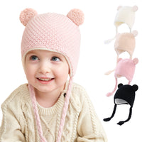 New Solid Color Knitted Baby Fur Ball Hat With Velvet