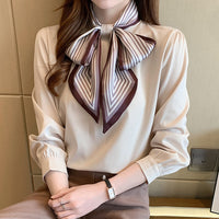 Lady Temperament Satin Striped Shirt With Ribbon
