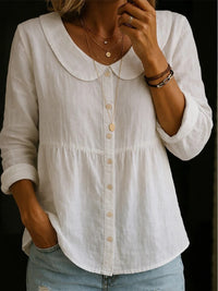 Summer New Peter Pan Collar Linen-Cotton Solid Color Shirt Womens Loose Slimming Three-Quarter Sleeve Casual All-Match Top