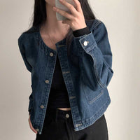 Retro Crew Neck Double Pocket Simple Wash Denim Jacket