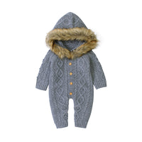 Children's hooded fur collar knitted jumpsuit