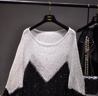 Sequined Pullover Loose Cape Batwing Shirt Hollow Round Neck Sweater