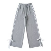 Side-striped Bow-tie-detailed High-waist Casual Loose Wide-leg Straight Pants