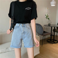 High-waisted slim-hole ruffled five point jeans