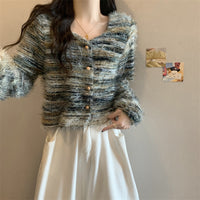 Soft Korean Style Square Collar Fur Design Striped Long Sleeve Sweater