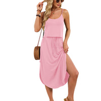 Spring Summer New Solid-Color U-Neck Camisole Drawstring Slit Dress