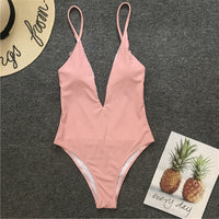 Solid color sexy one-piece swimsuit deep V-neck back pleated bikini