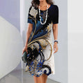 Artistic Floral-print Short-sleeve Outfit Elegant Loose-fitting Dress