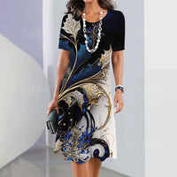 Artistic Floral-print Short-sleeve Outfit Elegant Loose-fitting Dress