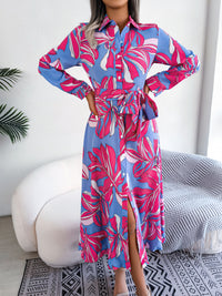 Women's Floral Print Lapel Tie Waist Shirt Maxi Dress