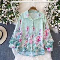 Printed Long-Sleeve Sun-Protective Shirt Womens Loose Mid-Length Coat