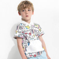 Cartoon print boy's hooded short sleeve t-shirt
