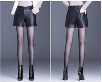 Black Wide-leg Slim High-waist Leather Shorts