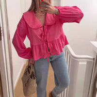 Cross Border Stringy Selvedge Lace-up Doll Collar Shirt Lantern Sleeve Sweet All-matching Top