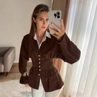 Simple French Waist V-neck Shirt Slim Fit Brown Long Sleeve