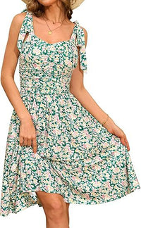 V-Neck Elegant Floral Print Waist-Cinching Lace-Up A-Line Dress Womens Wear