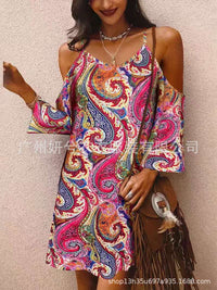 Printed V-neck Flared-sleeve Off-shoulder Sexy Camisole Dress For Women
