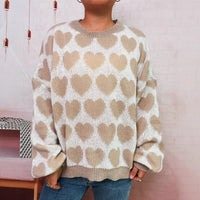 Fashion Color Contrast Knitted Pullover Round Neck Love Loose Sweater