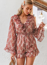 Ruffled printed long-sleeved V-neck short jumpsuit women loose