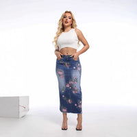 Womens Loose Casual Mid-Length Denim Skirt With A Print