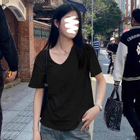 White V-neck Shoulder T-shirt For Women