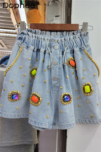 Diamond Beaded High Waist Women's Wide-Leg Denim Shorts