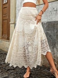 High Waist Ankle-length Skirt Lace Scallop Trim