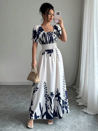 Puff-sleeve High-waist Cinched-waist Printed Maxi Slip Dress For Women