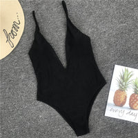 Solid color sexy one-piece swimsuit deep V-neck back pleated bikini