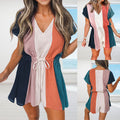 Loose V-neck Drawstring Stripe Contrast Short Sleeve Jumpsuit