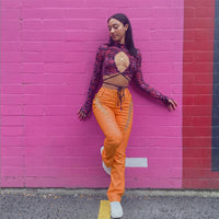 Women's High Waist Hollow-out Strap Straight Ankle Tied Leather Pants