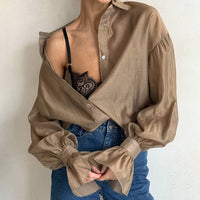 Sheer Long-sleeve Shirt Womens Fashion Elegant Casual