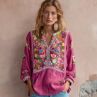 Womens Printed Linen Long-Sleeve Shirt Top