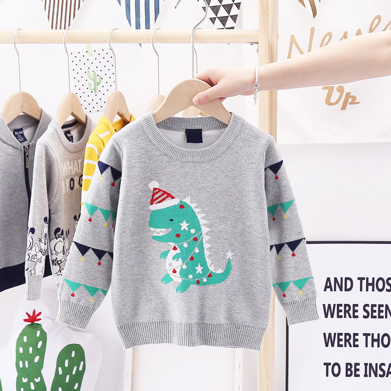 Christmas dinosaur jacquard double padded sweater