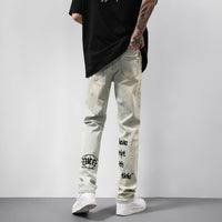 American Vintage Washed Distressed Yellow Mud Dye Letter Print Jeans